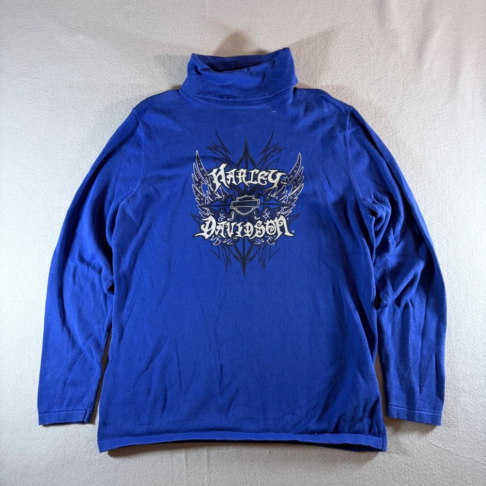 Harley Davidson Womens Blue Graphic Turtleneck Long Sleeve Shirt XL